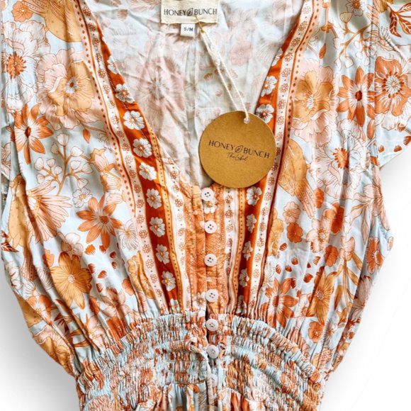 Honey Bunch blue orange + tan floral print high-low boho maxi dress fits AU 8-14 - Picture 5 of 15